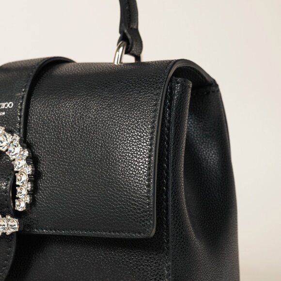 Jimmy Choo Cheri Black Soft Grainy Leather Crystal-Buckle Top Handle Bag - Picture 7 of 14